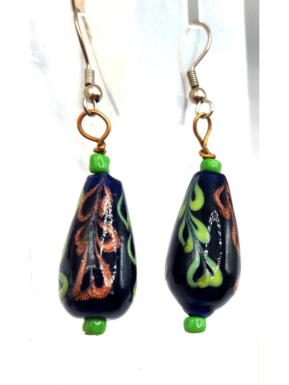 Murano Glass Dangle Earrings - Black With Green & Brown Glittery Swirl